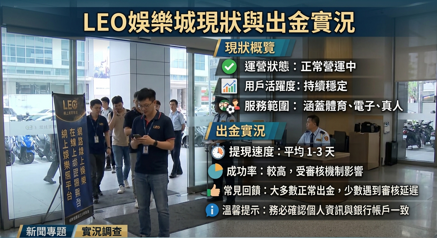 這張圖片展示了一間辦公大樓大廳的實況畫面，左侧有多位身著便服的人員，右側則為警衛與諮詢櫃檯。 畫面上方與右側配有新聞專題風格的圖表與文字，重點分析「LEO娛樂城現狀與出金實況」的營運與提現數據。