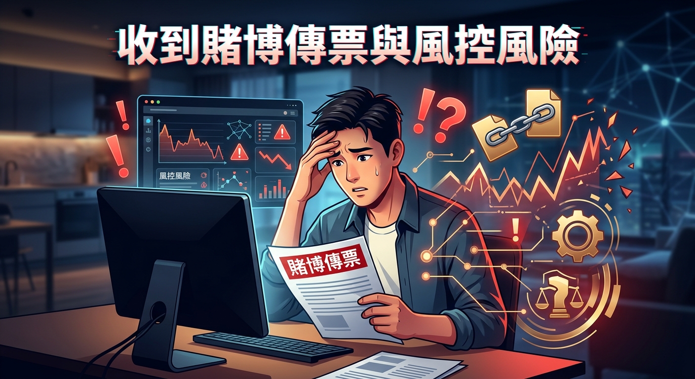 這張圖片展示了一名焦慮的男子坐在電腦前，手裡拿著法律文件，呈現出面對法律問題與網路金融風險時的緊張氛圍。 背景融合了數據監控圖表、警告標誌與法律元素，頂部則醒目地標示著主題標題「收到賭博傳票與風控風險」。
